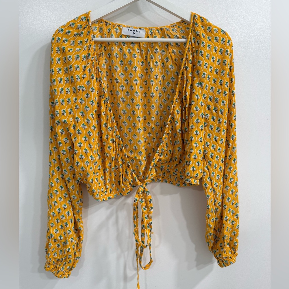 RHODE Gold 3/4 Sleeve Tie Front Crop Blouse